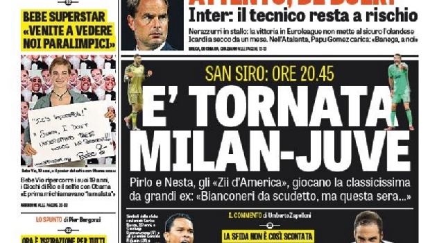 FOTO - Gazzetta dello Sport in prima pagina: Attento De Boer, il tecnico resta a rischio. Torna Milan-Juve