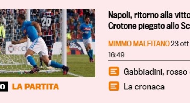 FOTO - Gazzetta: Napoli, ritorno alla vittoria: Crotone piegato allo Scida, rosso diretto per Gabbiadini
