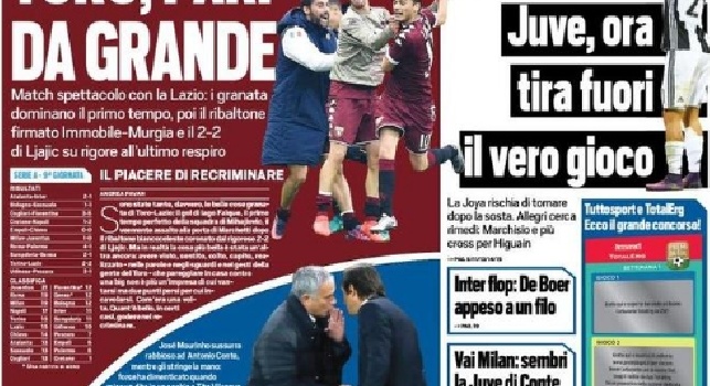FOTO - Tuttosport in prima pagina: Inter flop, De Boer appeso a un filo. Dybala out: Juve, ora tira fuori il vero gioco