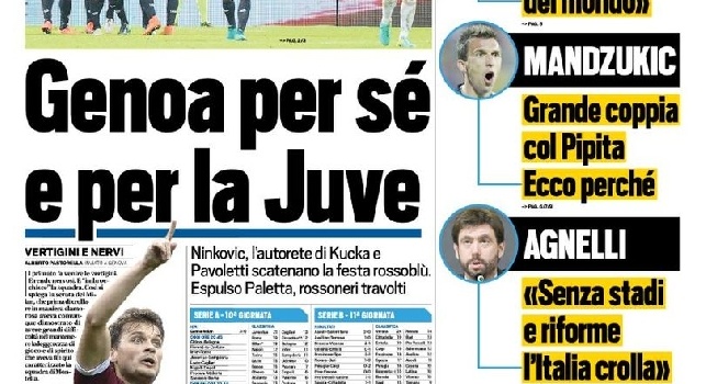 FOTO - Prima pagina TuttoSport: Genoa per sè e per la Juve. Nedved, assist a Higuain: 'E' il migliore al mondo'