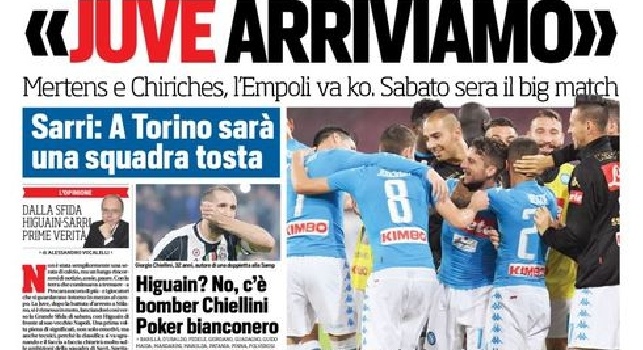 FOTO - Prima pagina CorrSport: Il Napoli vince e lancia la sfida ai bianconeri: 'Juve, arriviamo!'