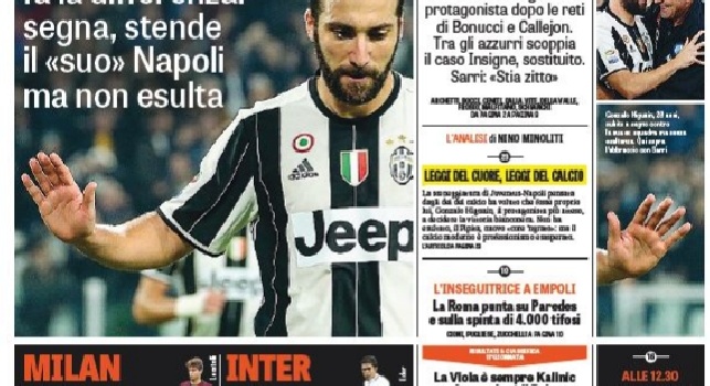 FOTO - La prima pagina de La Gazzetta dello Sport: Higuain stende il <i>suo</i> Napoli ma non esulta