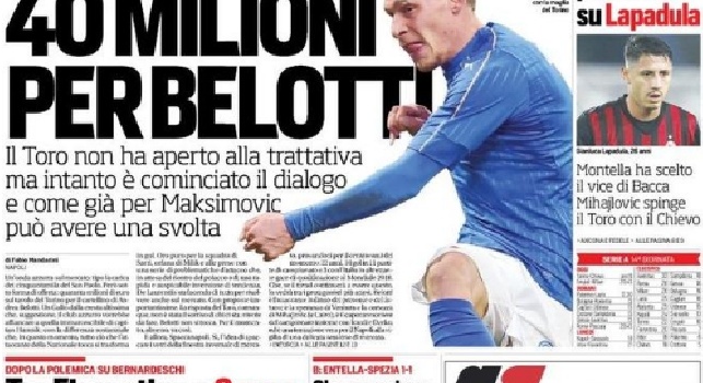 FOTO - 'Corriere dello Sport' in prima pagina: Napoli, 40 mln per Belotti