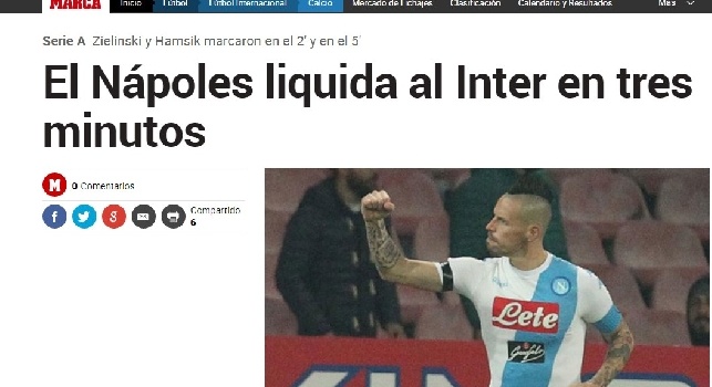 FOTO - Anche il quotidiano Marca esalta gli azzurri: Il Napoli liquida l'Inter in tre minuti