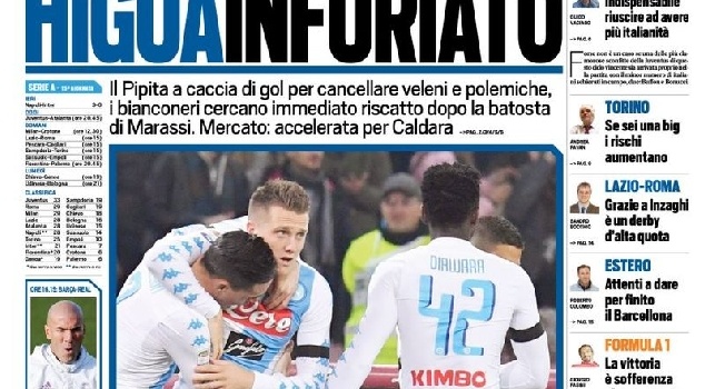 FOTO - Prima pagina TuttoSport: Canta Napoli, ma l'Inter dov'è? Juve-Atalanta, Higuain infuriato