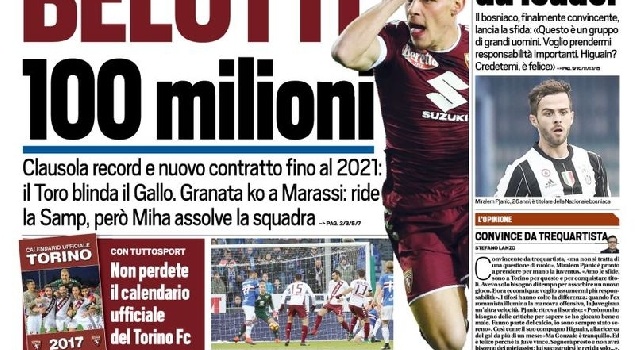 FOTO - La prima pagina di TuttoSport: Belotti 100 milioni. E' Lapadula l'anti Juve