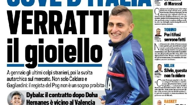 Prima pagina TuttoSport: Juve d'Italia, Verratti il gioiello. Il Milan perde l'aereo e la calma (FOTO)