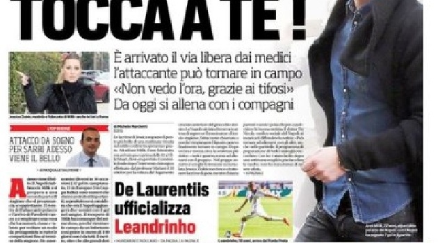 Corriere dello Sport in prima pagina: Guagliò, tocca a te: Milik è pronto, il Napoli ritrova un campione (FOTO)