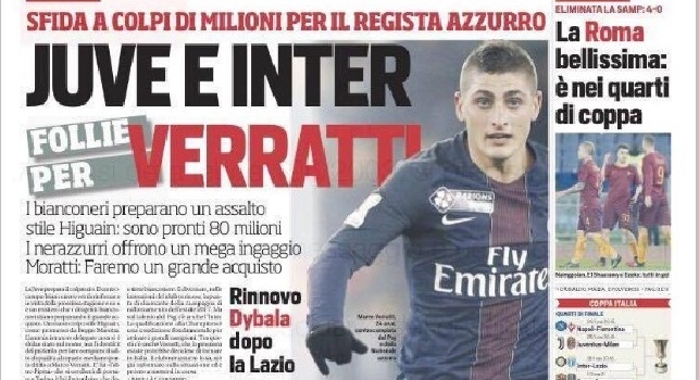 Corriere dello Sport in prima pagina: Juve ed Inter su Verratti, sfida a colpi di milioni (FOTO)