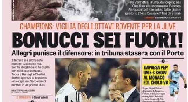 La prima pagina de La Gazzetta dello Sport: Bonucci, sei fuori! (FOTO)