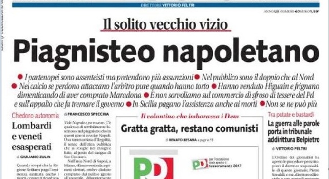 “Piagnisteo napoletano”, il Club Napoli Tribunale ha depositato un atto di denunzia-querela nei confronti di Libero