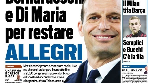 Prima pagina Tuttosport: Di Maria e Bernardeschi per restare Allegri [FOTO]