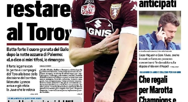 Prima pagina Tuttosport: Belotti: Voglio restare al Toro. Juve, Mandzukic e Barzagli altri rientri anticipati [FOTO]