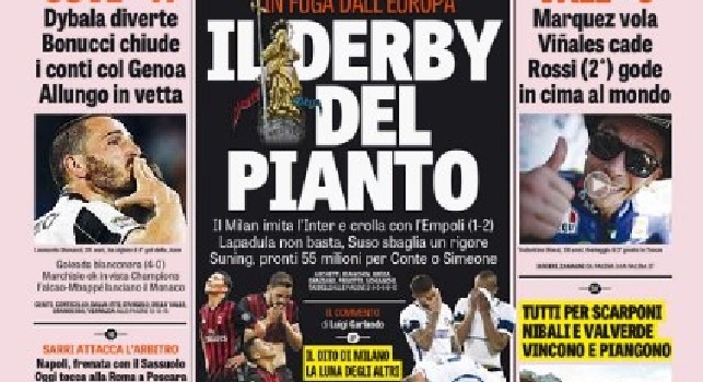 La prima pagina della Gazzetta dello Sport: Napoli frena con il Sassuolo. Oggi tocca alla Roma a Pescara [FOTO]
