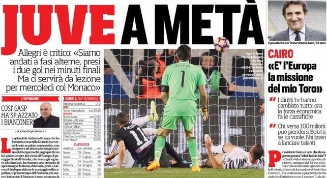 La prima pagina del Corriere dello Sport: Juve a metà! Rigore netto negato ai campioni 