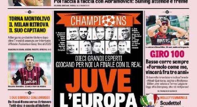 La prima pagina della Gazzetta dello Sport: Juve, l'Europa ci crede. Conte e Inter: ore calde [FOTO]