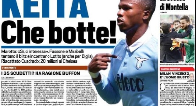 Prima Pagina TuttoSport: Keita, che botte! E' Juve-Milan per l'asso della Lazio [FOTO]