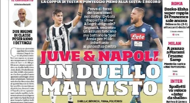 Prima Pagina Corriere dello Sport: Juve & Napoli, un duello mai visto. Ansia per Milik [FOTO]