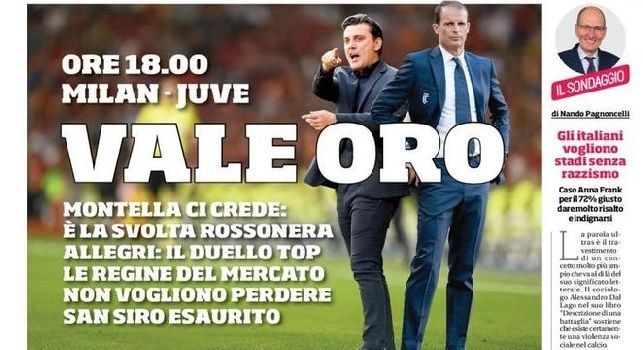 Corriere dello Sport, in prima pagina: Milan-Juve, vale oro [FOTO]