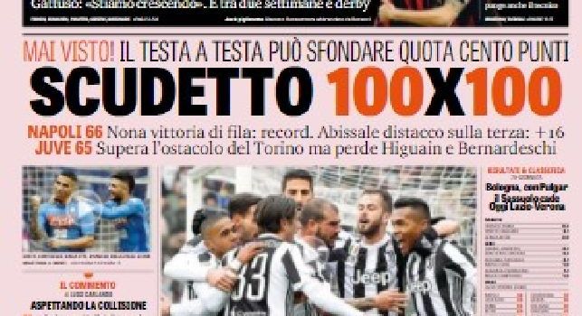 La prima pagina della Gazzetta dello Sport: Scudetto 100 x 100.Mai visto! il testa a testa può sfondare quota cento punti [FOTO]