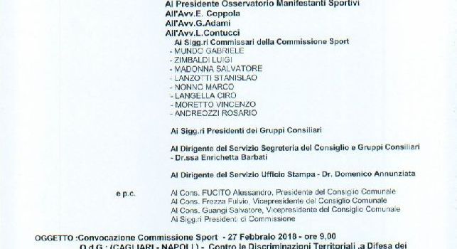 Comunicato del Comune di Napoli che convoca FIGC e Osservatorio: tema Cagliari-Napoli