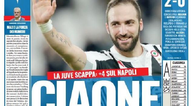 Tuttosport, in prima pagina: La Juve scappa: +4 sul Napoli. Ciaone! [FOTO]
