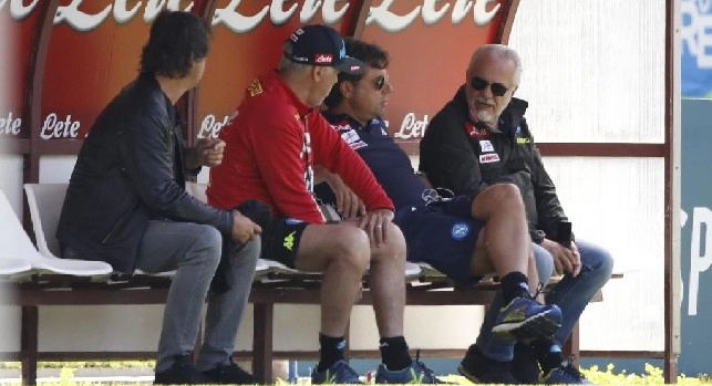 Carlo Ancelotti, Cristiano Giuntoli e Aurelio De Laurentiis sul campo in ritiro a Dimaro-Folgarida