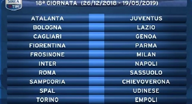 Calendario Serie A, alla 18a il Napoli affronterà l'Inter: <i>boxing day</i> allo stadio Meazza