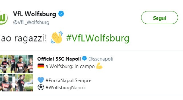 Ciao ragazzi: il Wolfsburg saluta il Napoli su Twitter! Il club partenopeo risponde: A domani! [FOTO]