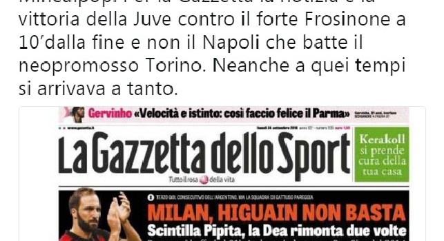Alvino polemico su Twitter: La notizia per la Gazzetta è la vittoria della Juve, non il Napoli [FOTO]