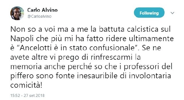 Ancelotti è in stato confusionale, arriva la risposta di Alvino su Twitter! [FOTO]