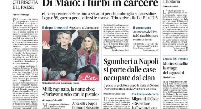 Il Mattino, prima pagina: Milik rapinato, la notte choc: Parlavano solo con le pistole [FOTO]