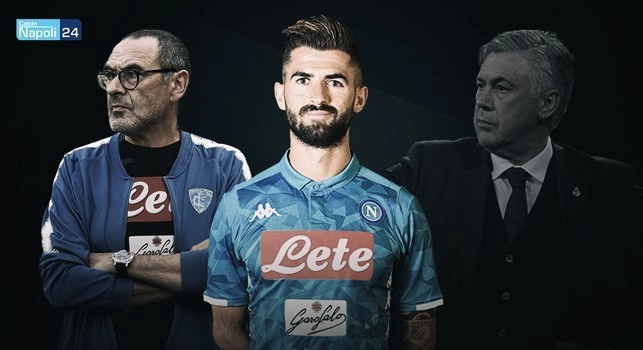 Elseid Hysaj fra Maurizio Sarri e Carlo Ancelotti, grafico di Giuseppe Cautiero