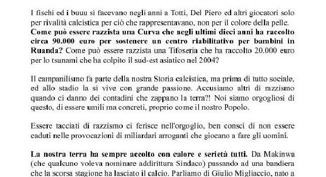 Atalanta, il comunicato della Curva Nord: Ma quale razzismo? Basta con questa ipocrisia! Noi polentoni, voi terroni. Rivendichiamo le nostre rivalità [FOTO]