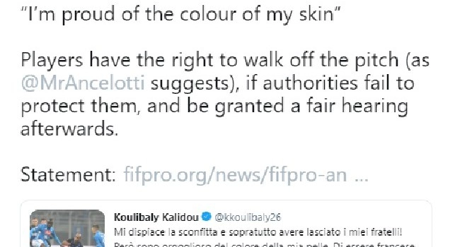 Anche la FIFPro appoggia Koulibaly: Ancelotti ha ragione, i giocatori che non si sentono protetti devono lasciare il campo
