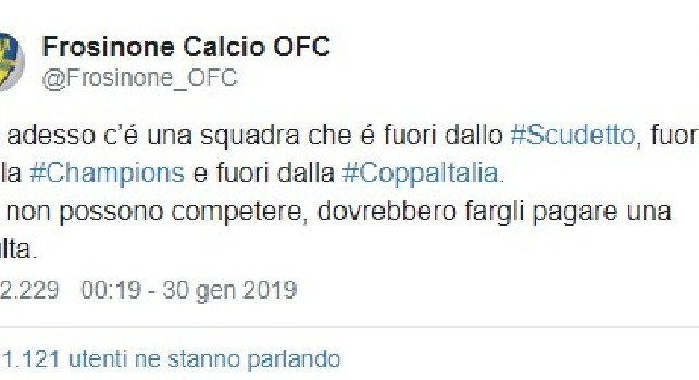 Napoli fuori dalla Coppa Italia, i tifosi del Frosinone sfottono ADL: Se non possono competere, dovrebbero fargli pagare una multa [FOTO]