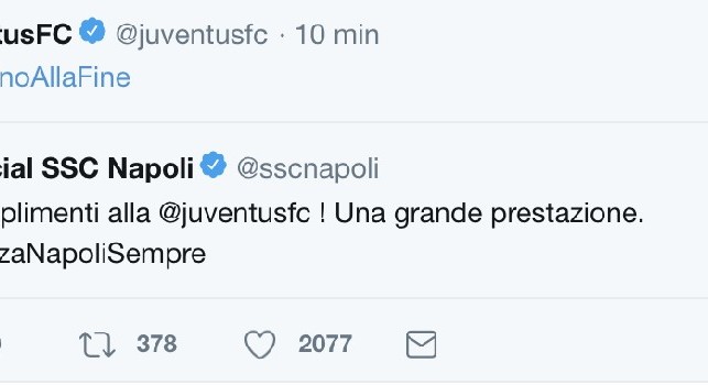 La Juve ringrazia il Napoli su Twitter: gesto di sportività tra i club [FOTO]