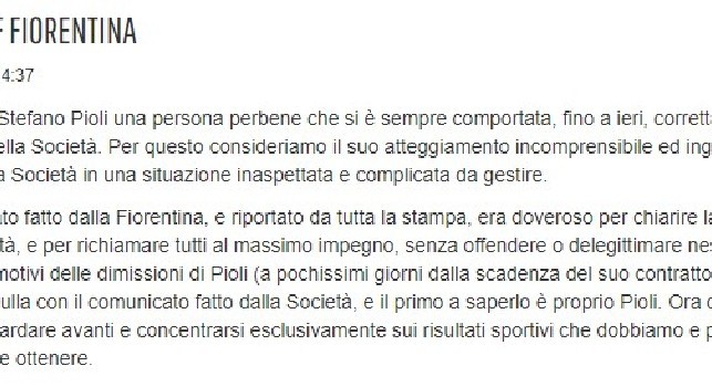 Pioli-Fiorentina, scintille dopo l'addio: Atteggiamento ingiustificabile, si è comportato correttamente fino a ieri