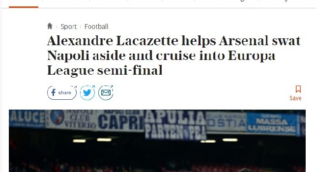 Telegraph titola: Alexandre Lacazette aiuta l'Arsenal a schiacciare il Napoli 