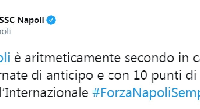 Azzurri aritmeticamente secondi, la SSC Napoli celebra il traguardo con un tweet [FOTO]