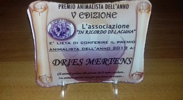 Animalista dell’Anno, l’associazione “In Ricordo di Lacuna” premia l'azzurro Dries Mertens!