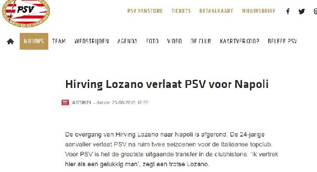 Il Psv ufficializza Lozano al Napoli: Il suo arrivo qui si è rivelato un successo, ha confermato il grande talento