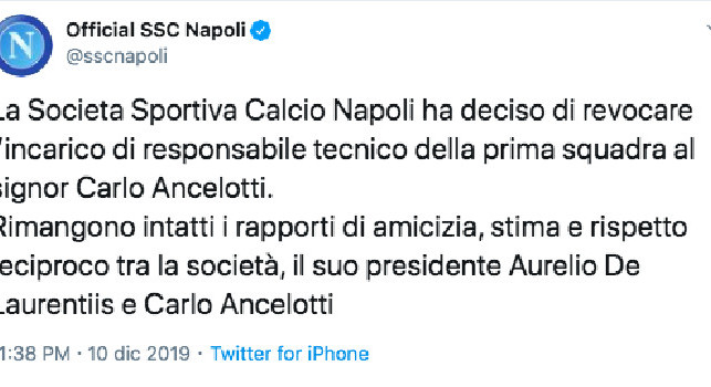 UFFICIALE - Il Napoli ha esonerato Ancelotti