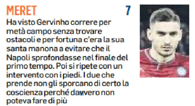 Il Mattino promuove Meret: La sua santa manona per evitare che il Napoli sprofondasse gi&agrave; nel primo tempo, non poteva fare di pi&ugrave;