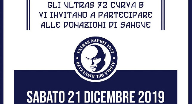 Ultras 1972 dal cuore d'oro: sabato 21 dicembre donazioni di sangue al Santobono [FOTO]