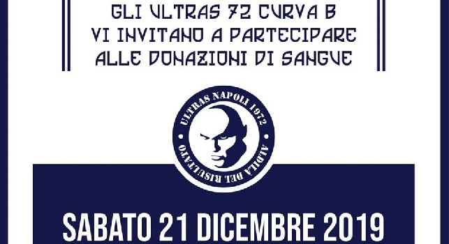 Ultras 1972 dal cuore d'oro: sabato 21 dicembre donazioni di sangue al Santobono [FOTO]