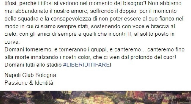 Il Napoli Club Bologna torna allo stadio San Paolo: Domani canteremo fino alla morte, non abbiamo mai abbandonato il nostro amore