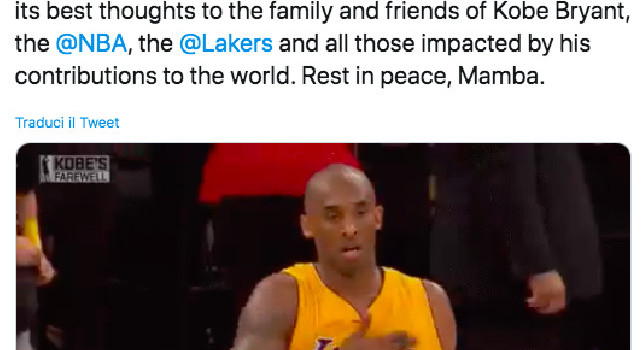 La SSC Napoli ricorda Kobe Bryant: Ieri il mondo ha perso una leggenda. Riposa in pace, Mamba