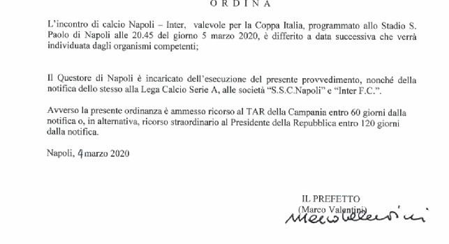 Rinviata Napoli-Inter, le motivazioni: Impossibile adottare misure sufficienti a prevenire la diffusione di contagio e individuare provenienza di 40mila tifosi