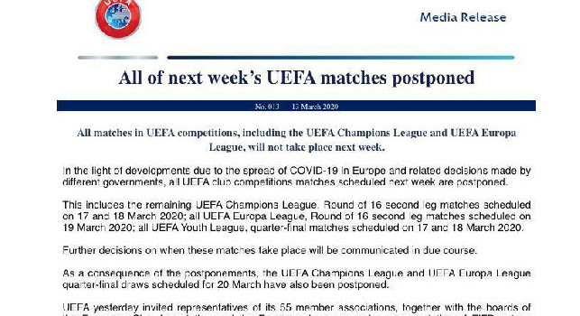 UFFICIALE - Sospese Champions League ed Europa League, il comunicato UEFA
